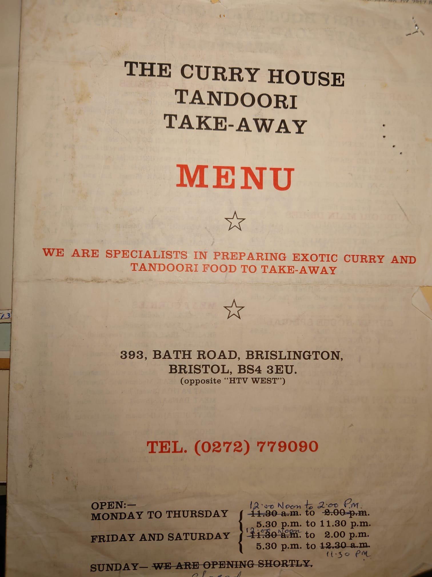 Historic curry house menu, Bristol